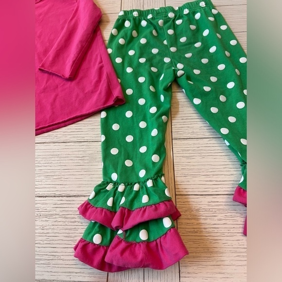 Pink, green, white polka dot 2 piece set. Size M toddlers. Cotton, spandex. - Picture 7 of 9